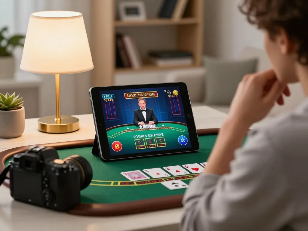 Engaging in live dealer blackjack on https://9bet.works/ in a stylish home setup.