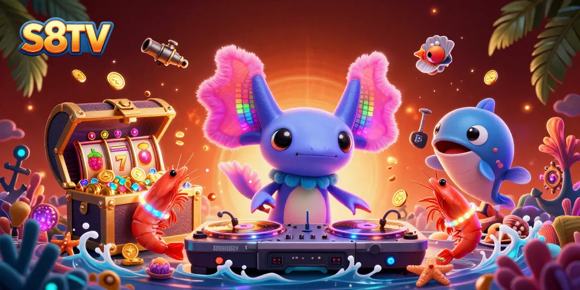 S8TV showcases vibrant 3D cartoon characters and slot game elements in a lively casino underwater scene.
