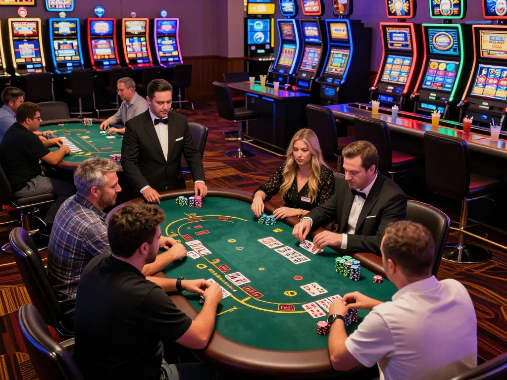 Action-packed scene at vin88az casino with players engaged in blackjack, showcasing vibrant table activity.