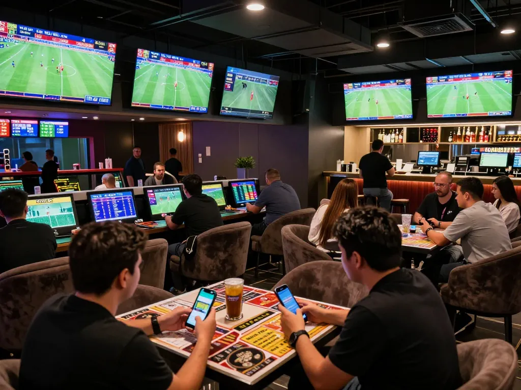 Engaged bettors analyzing kèo bóng đá in a modern sports betting lounge with multiple screens.