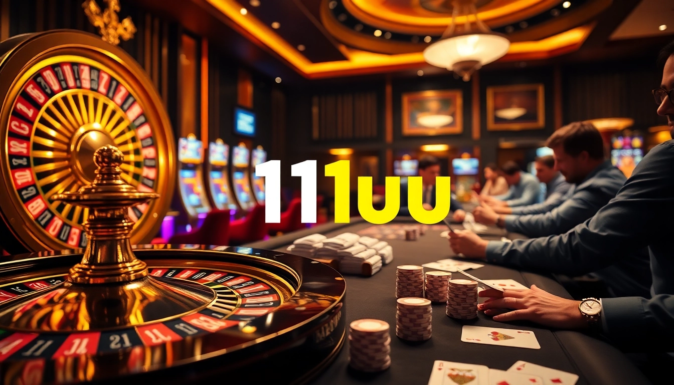 11uu players engaging with vibrant slot machines and a roulette wheel in a luxurious casino setting.