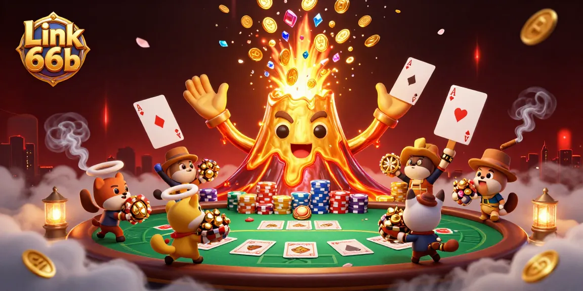 Engage with Link 66b at the thrilling poker table surrounded by golden volcano and treasure.