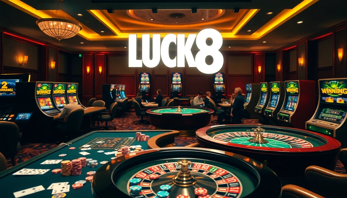 Exciting casino gaming scene featuring LUCK8 logo with vibrant tables, cards, and chips.