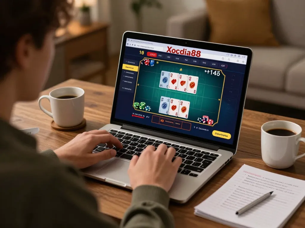 Xocdia88 online gaming session with a player focused on laptop screen, showcasing live dealer game.