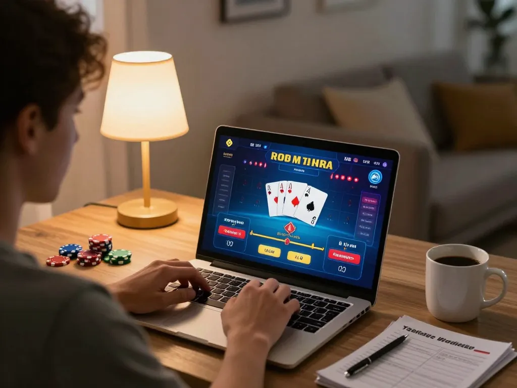 Player enjoying online gaming at rr88 with poker interface and strategy notes in a cozy home setting.