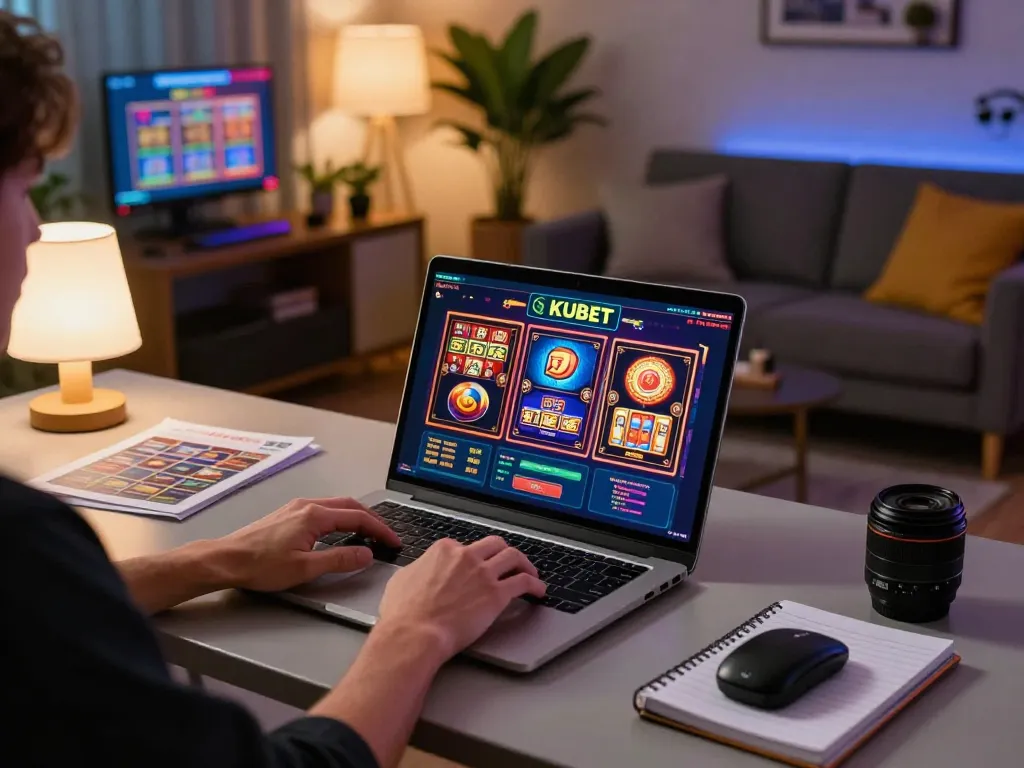 KUBET online slots interface visible on laptop as player strategizes at home desk.