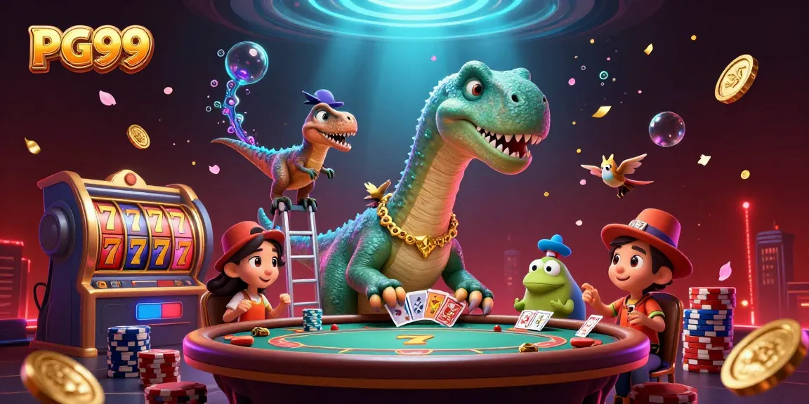Engage in thrilling slots action with PG99 as the 3D brontosaurus watches over the poker table filled with excitement.