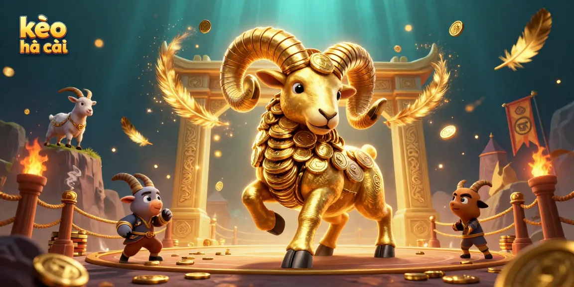 Engage with kèo nhà cái in an exciting 3D illustration featuring a golden ram charging towards a dynamic betting arena.