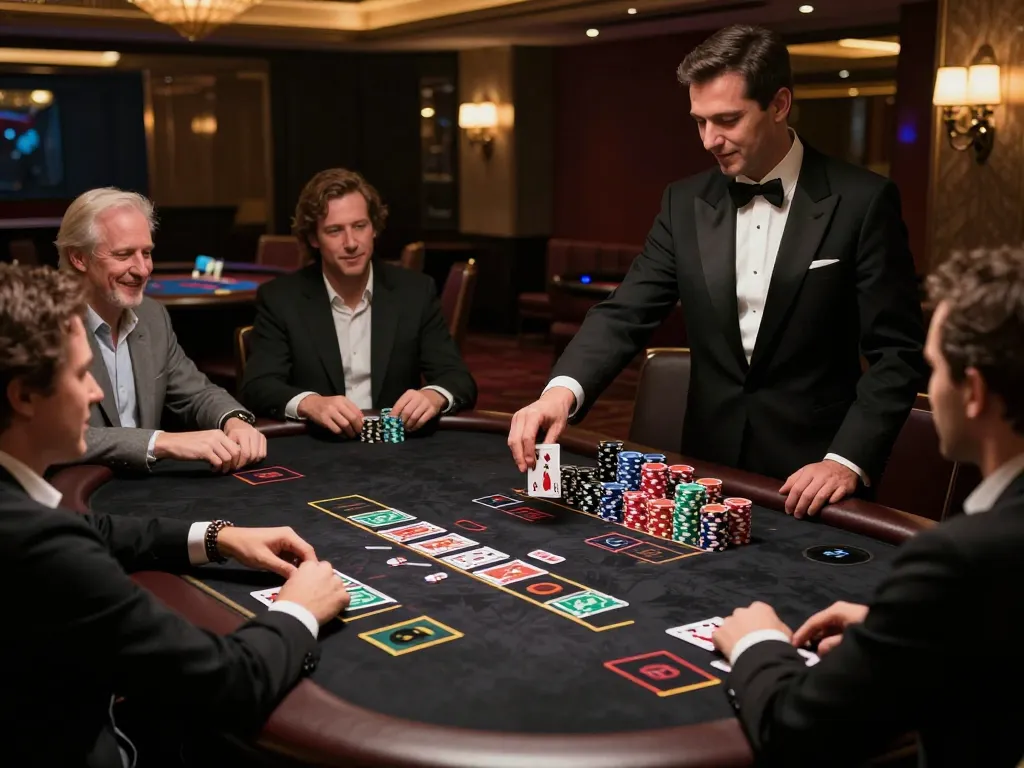 Experience excitement at MM88 blackjack table with players and dealer in upscale casino.