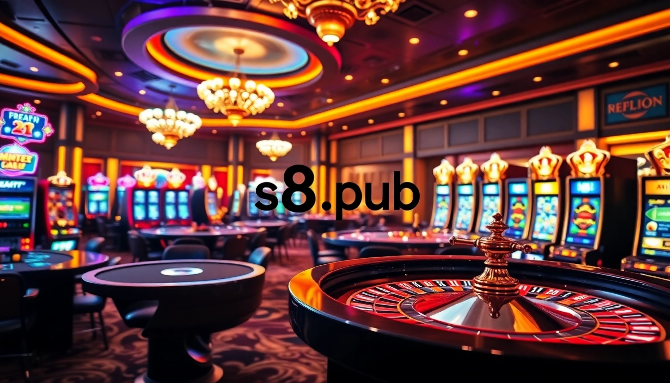 Experience the thrill of s8.pub with a luxurious casino scene featuring vibrant tables and vibrant lights.