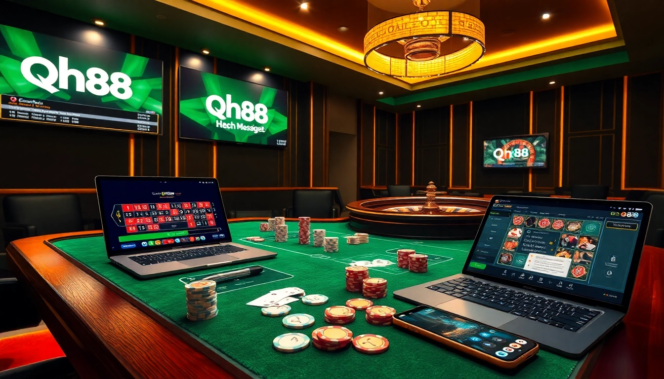 Experience the excitement of qh88 gaming with luxury casino elements, including poker chips and live dealer tables.