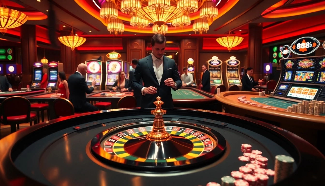 Players experiencing thrilling gameplay at 888b's luxurious casino tables.