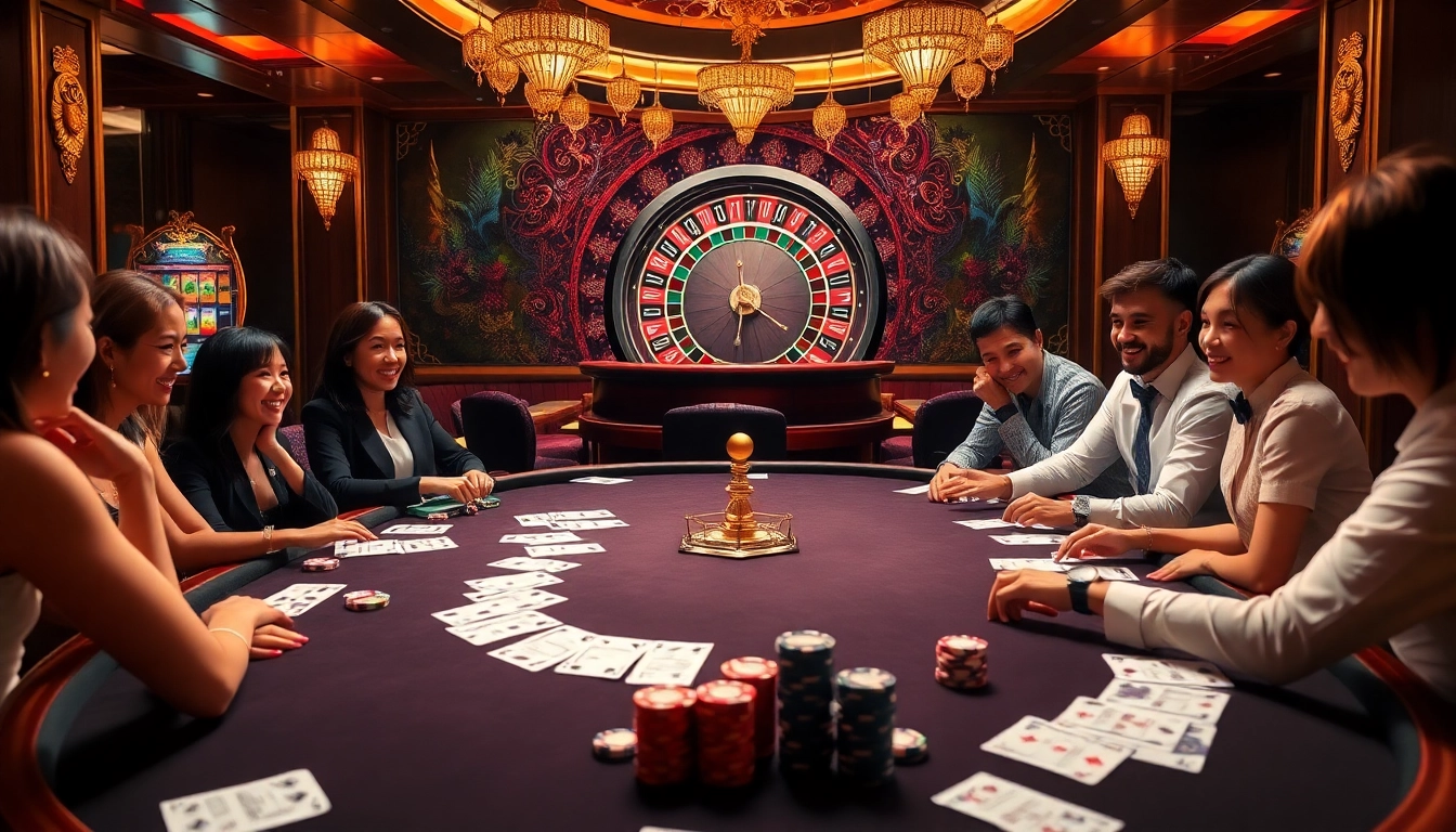 Excited gamblers playing poker at tg88 casino with colorful chips and cards in a luxurious atmosphere.