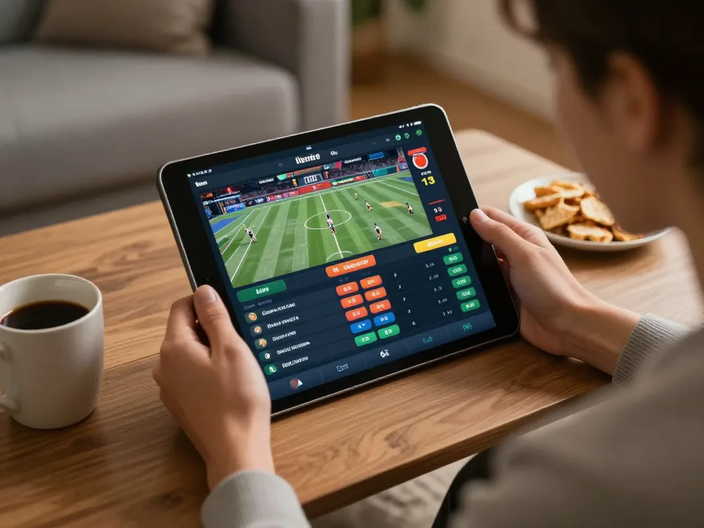 Person actively placing sports bets on qq88 app displayed on tablet in a cozy home setting.