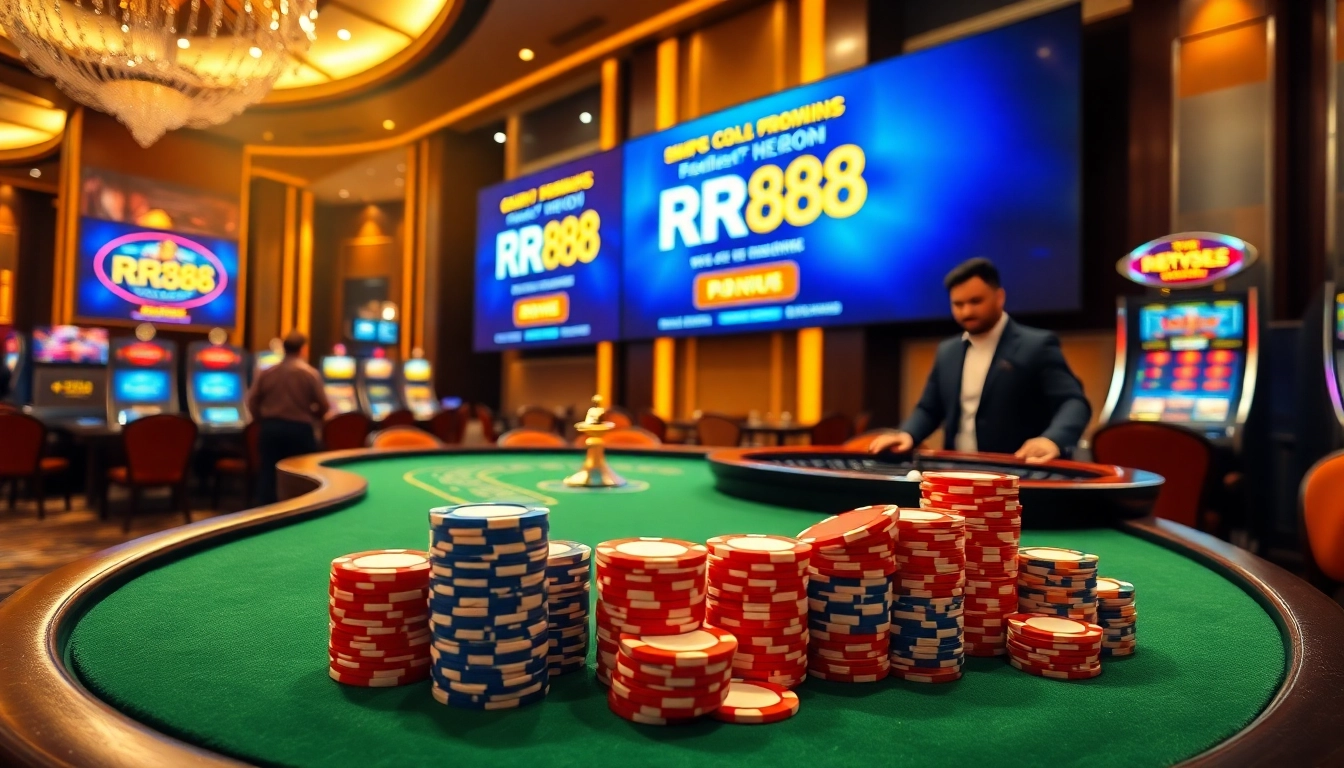 Engaged players at RR88 table games enjoying a thrilling casino experience with chips and cards.