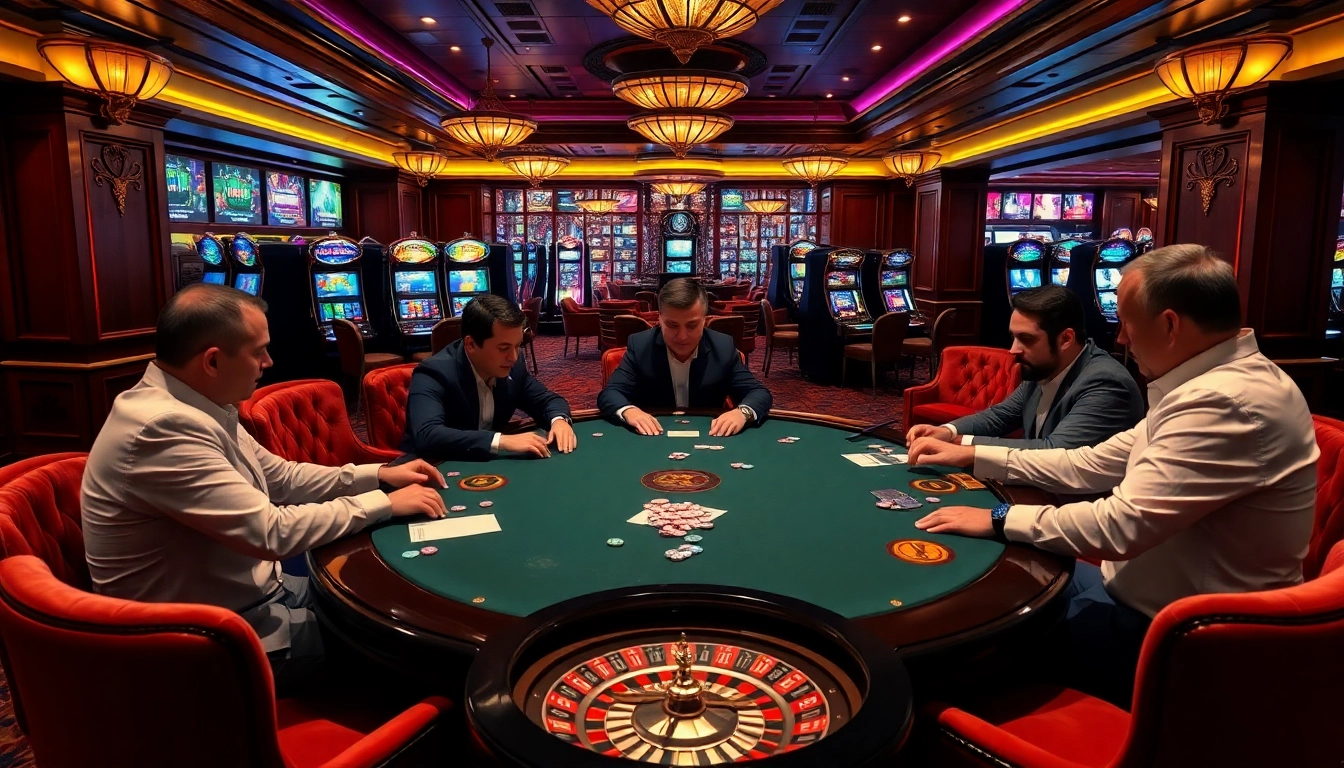 Players strategizing at a poker table in a luxurious casino environment at https://32win.style/.
