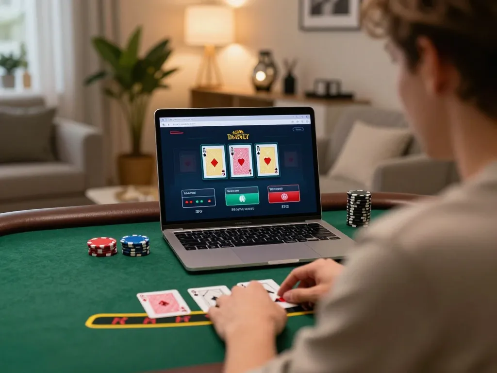 Player enjoying live dealer blackjack on 68win while managing bets at home, showcasing strategic engagement.