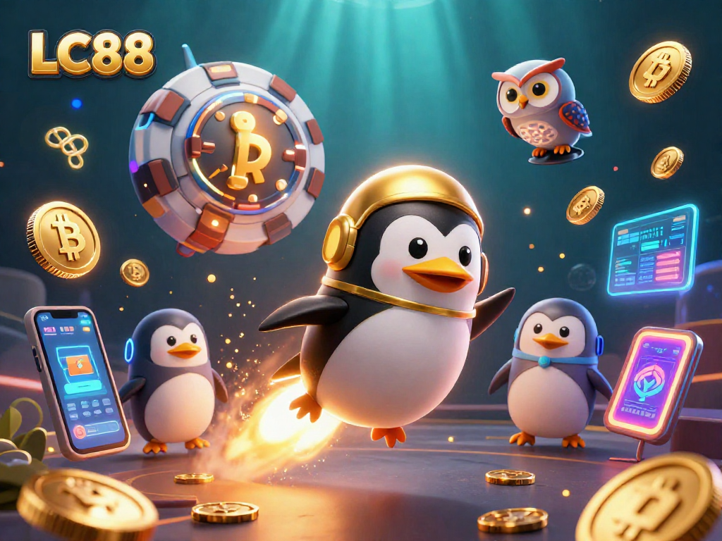 Experience thrilling wins at LC88 while the golden penguin races through a vibrant casino scene.