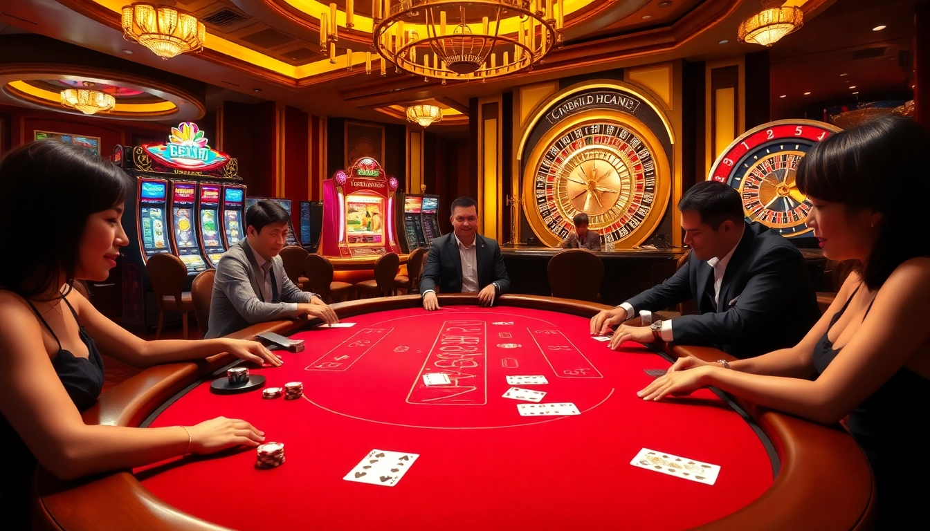 Players strategically placing bets at the casino table atmosphere at https://bem88v.com/ with colorful chips and cards.