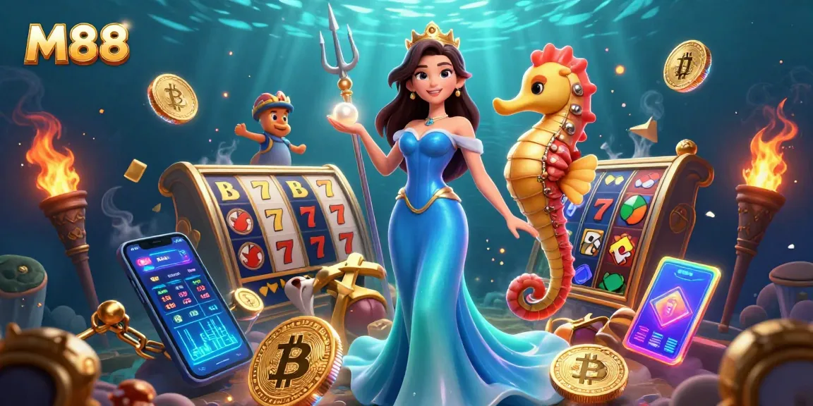 M88 casino illustration featuring a woman in a flowing gown, a seahorse king, and slot reels with neon coins.