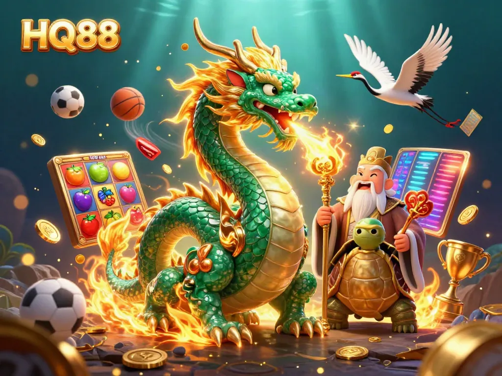 Experience immersive gameplay with HQ88's enchanting dragon and sage in a vibrant casino scene.
