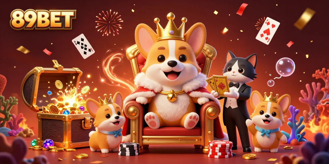 89BET showcases vibrant casino fun with a royal corgi and cat butler in a colorful, dynamic gaming scene.