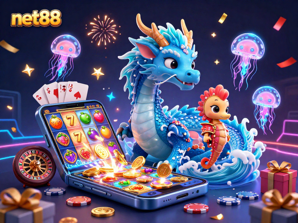 Experience net88's vibrant gaming world with a dazzling water dragon and dynamic slot game elements.