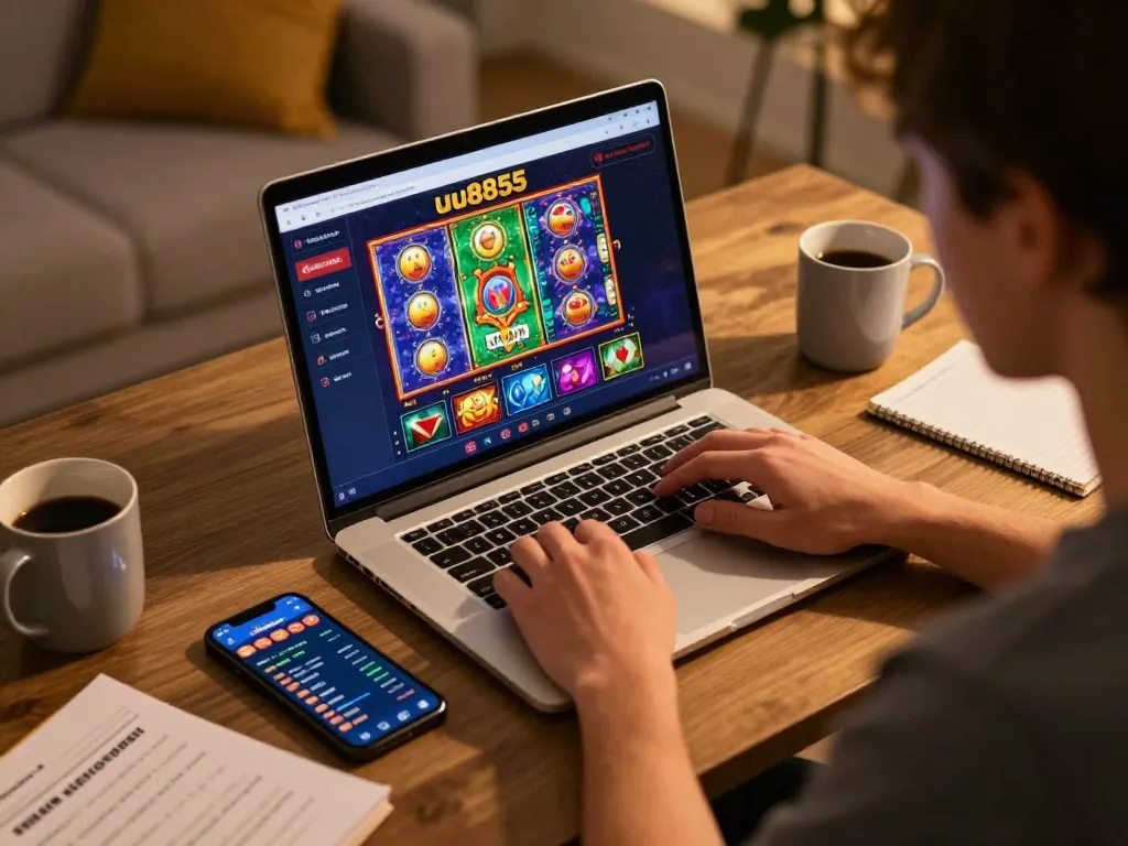 Player engaging with uu8855 online casino on laptop, showcasing vibrant gaming and strategic environment