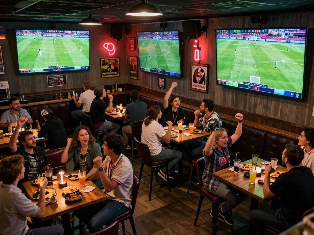 Watch live kết quả bóng đá as fans cheer in a vibrant sports bar atmosphere during a thrilling match.