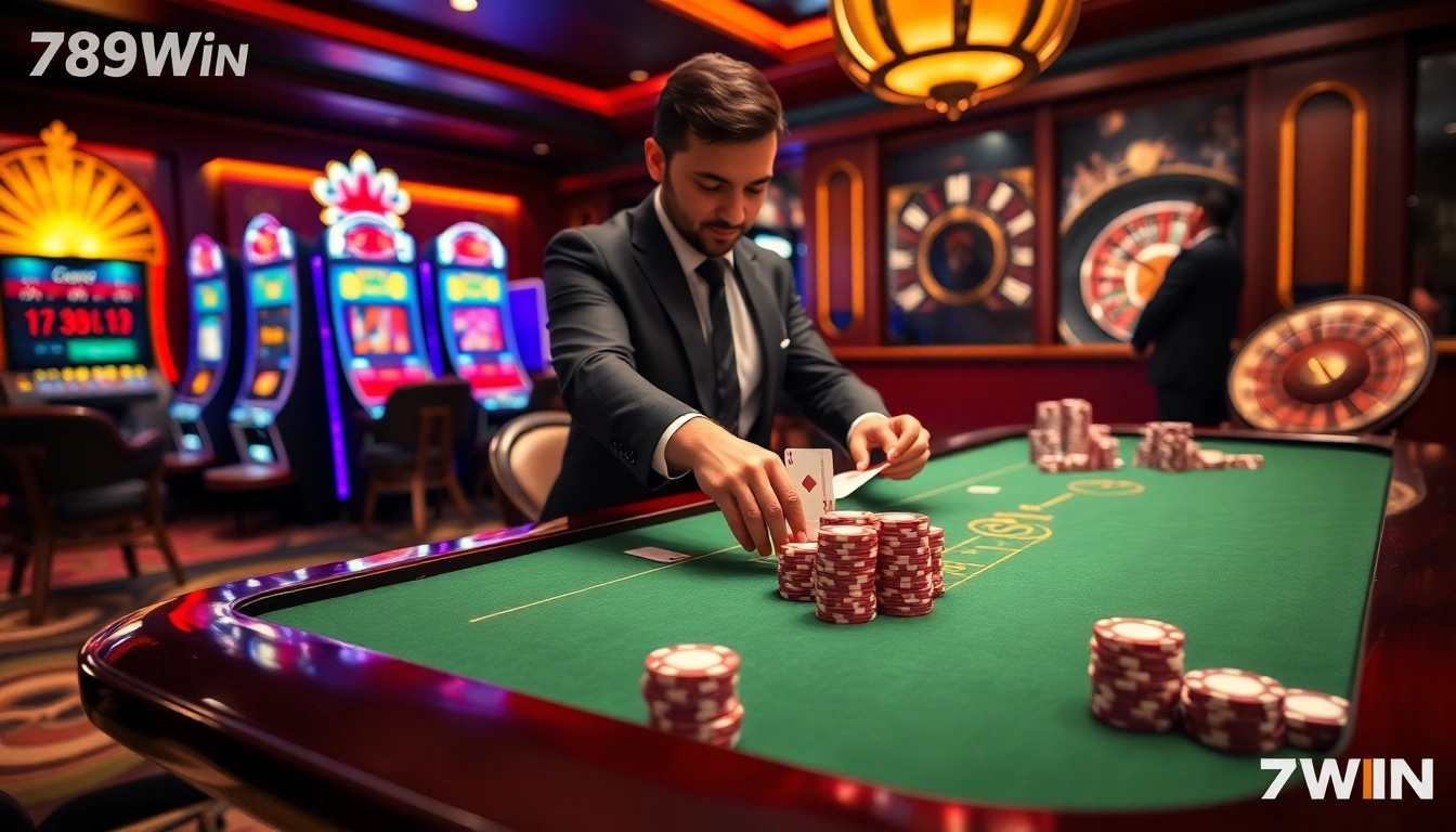 Experience the excitement of 789WIN at a luxurious casino table featuring poker chips and a roulette wheel.