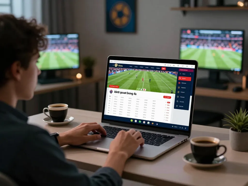 Engaging with live sports betting on laptop, checking kết quả bóng đá from popular matches.