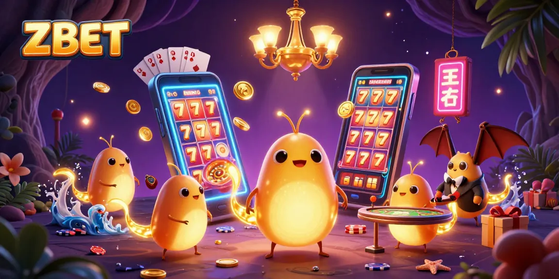 ZBET showcases a vibrant casino scene with glowworms and a bat dealer amidst colorful slots and gaming elements.