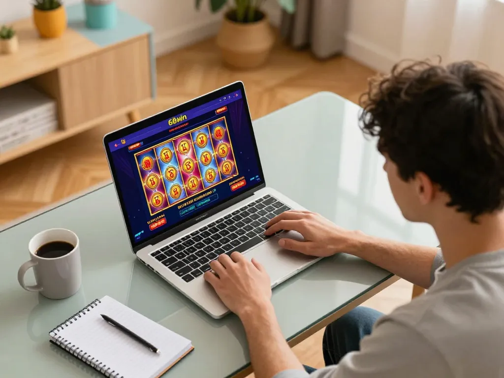 Player engaged with 68win casino on laptop, showcasing an exciting online gambling experience in a cozy home setup.
