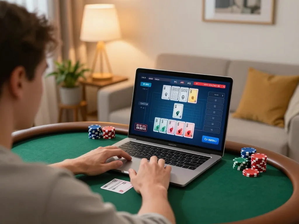 Engaged player enjoying Pragmati Play poker game on laptop in cozy home setting