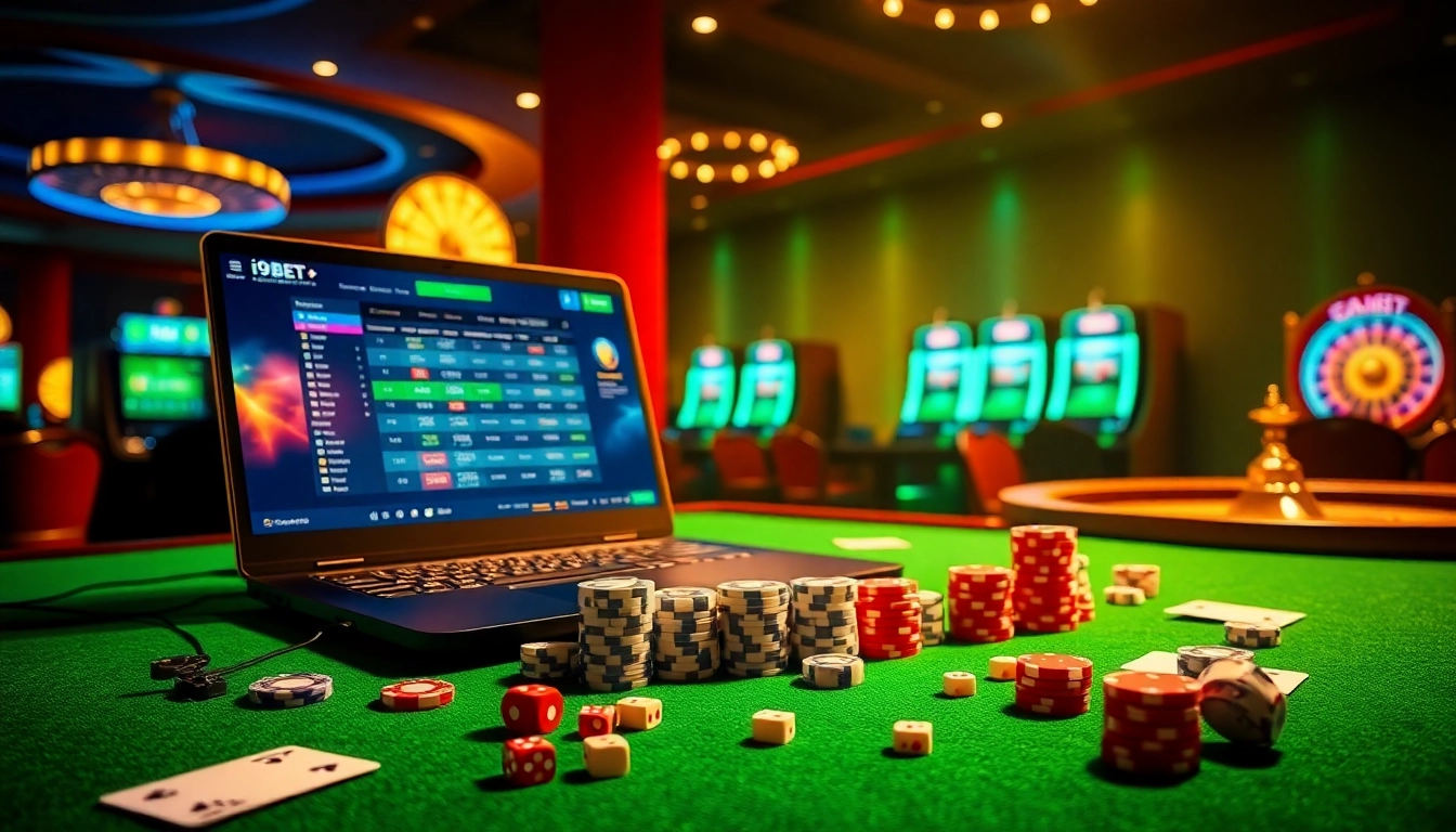 Exciting online gambling scene showcasing i9bet's immersive gaming features with poker chips and a vibrant betting interface.
