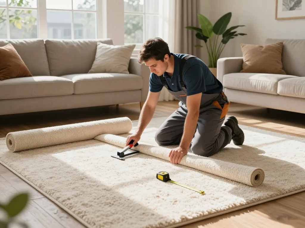 Residential carpet installation process in a cozy living room with natural light, showing tools and a professional installer.