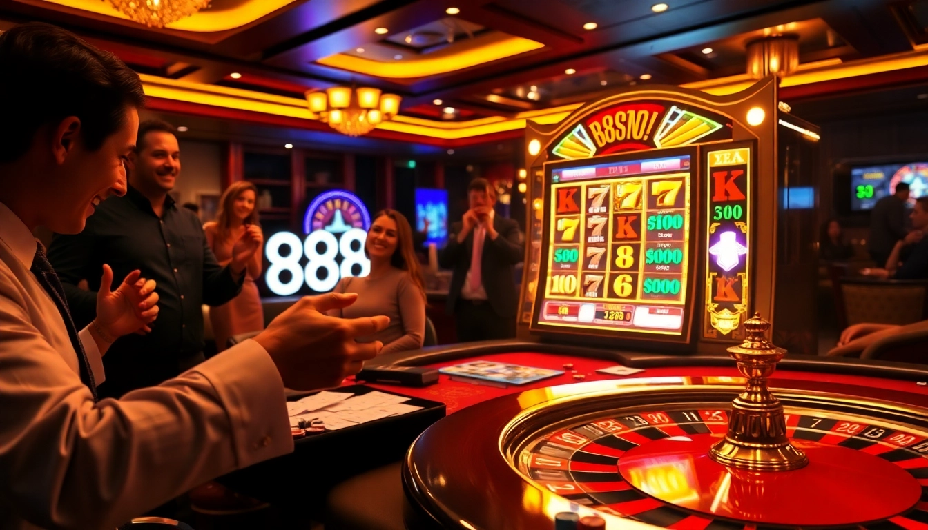 Exciting casino action at 888vi with players gathered around a glamorous gaming table.