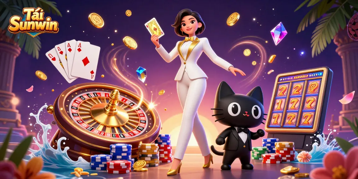 Tải Sunwin and win exciting casino games with a glamorous woman in a tuxedo and a stylish cat.