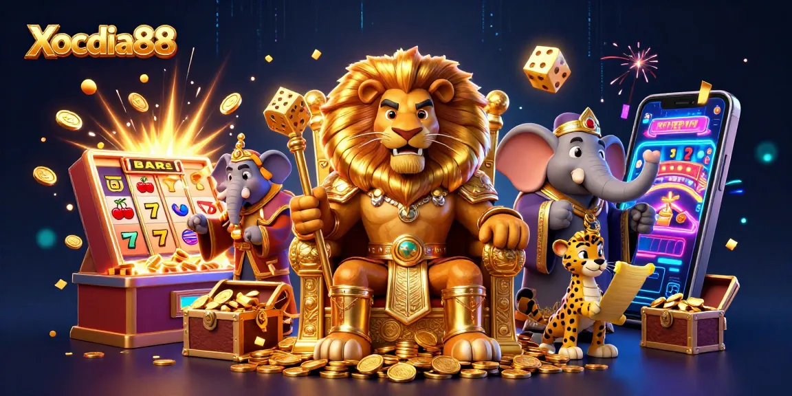 Xocdia88 showcases a vibrant 3D illustration featuring a lion king, elephant advisor, and cheetah messenger amidst dynamic casino elements.