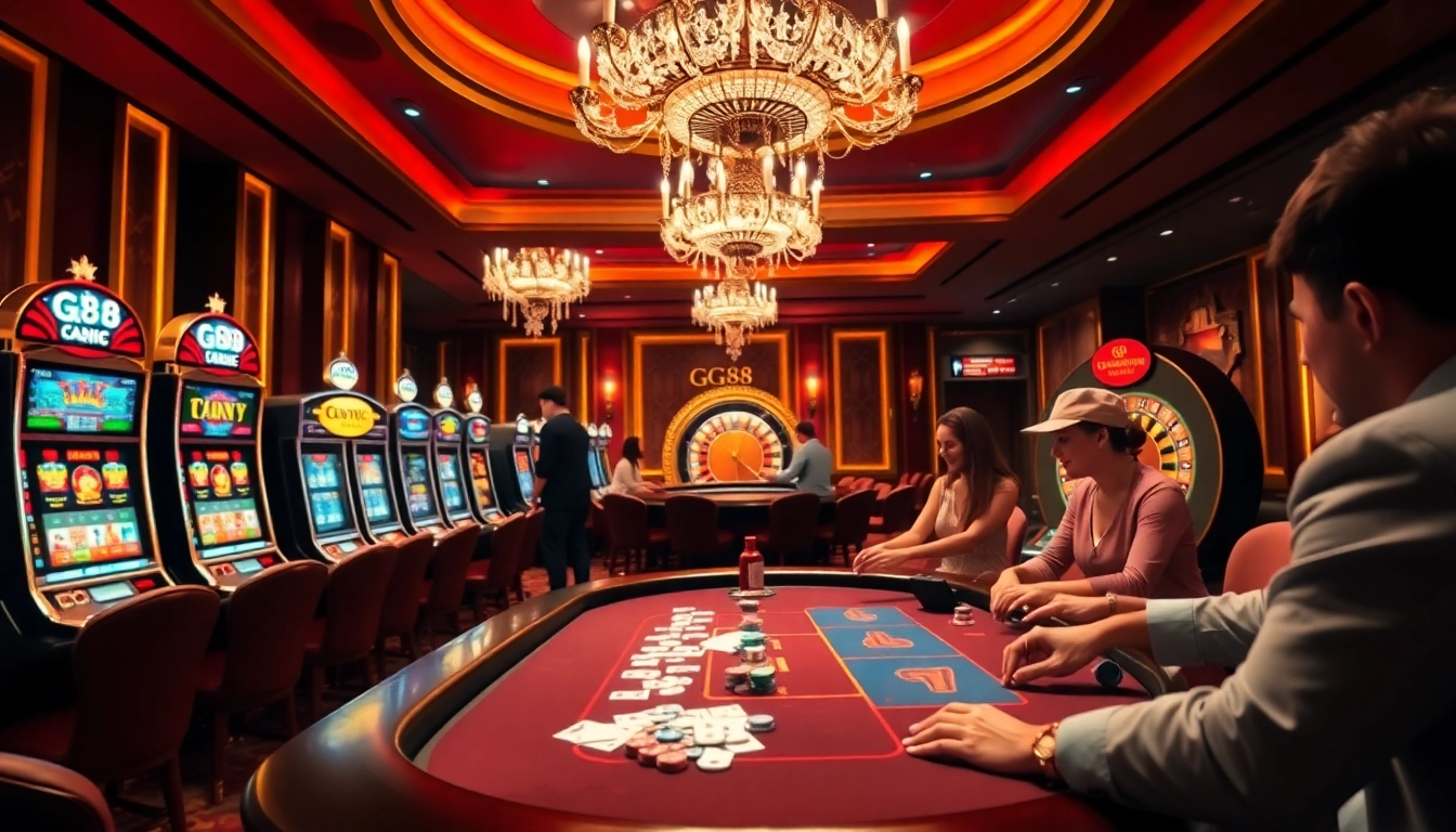 Players enjoying GG88-themed games in a luxurious casino setting with vibrant slot machines.