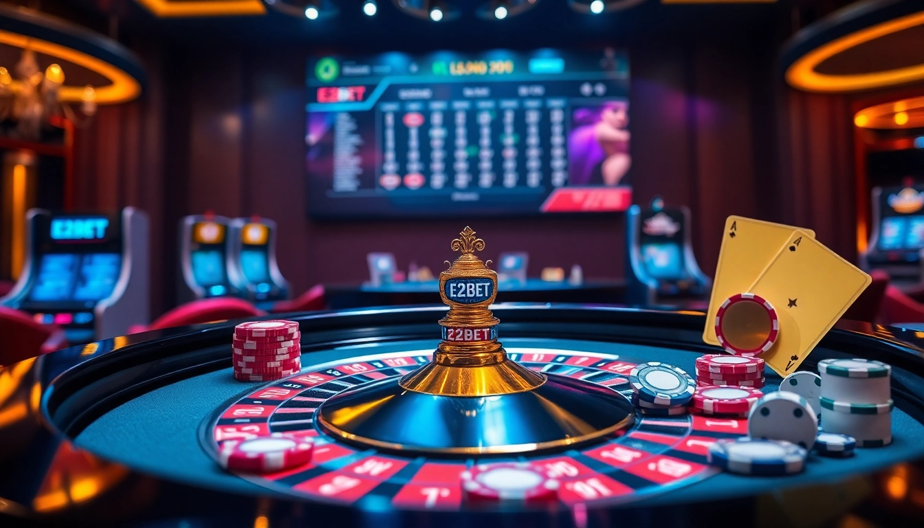 Experience the thrilling atmosphere of E2BET with dynamic casino visuals featuring vibrant roulette and slot machines.