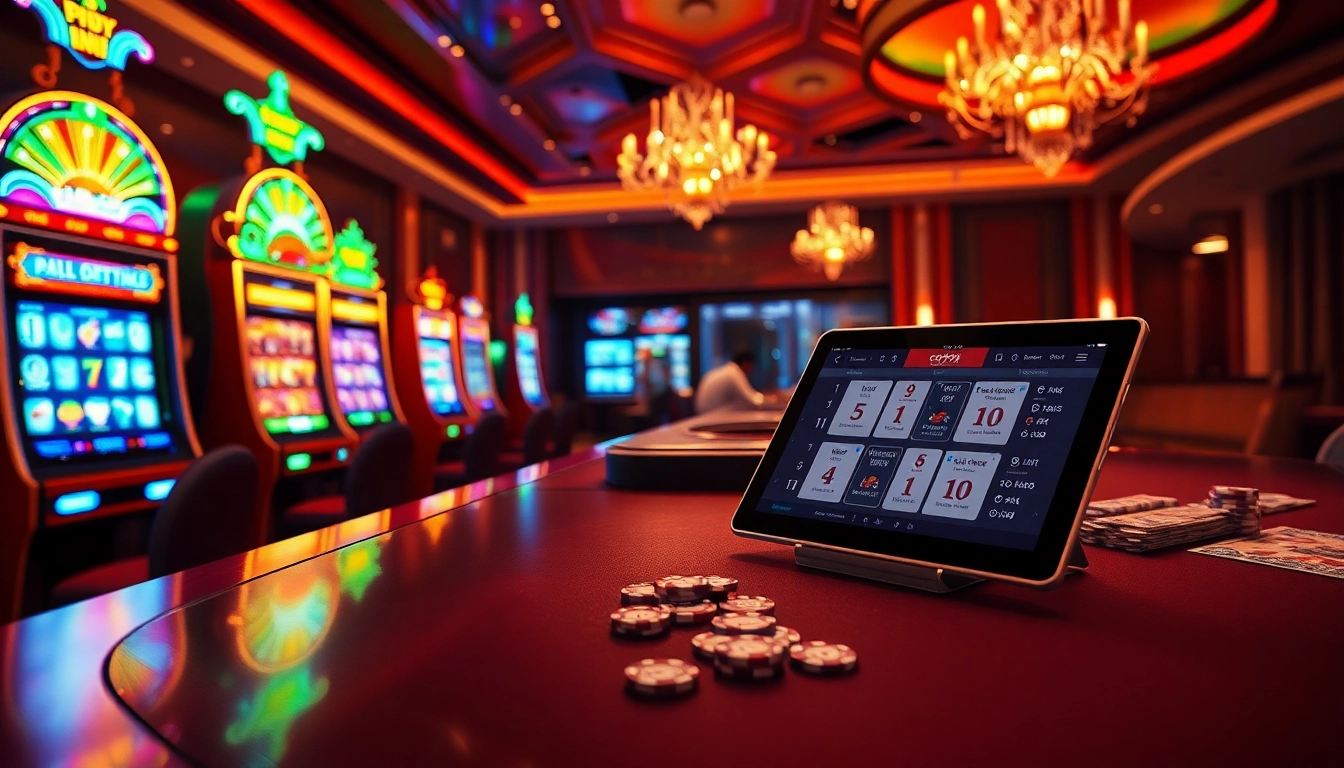 Exciting gambling scene at https://go999.in.net/ featuring slot machines, poker table, and roulette wheel.