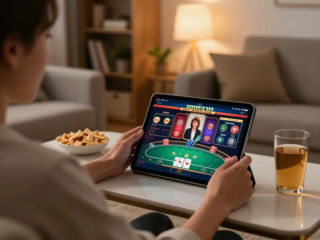 Engaging gaming session to link vào 32win at home with tablet and poker interface.