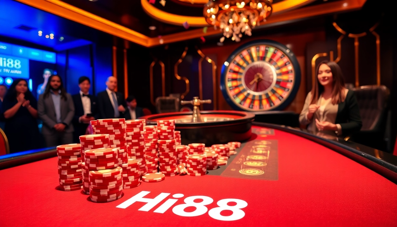 Hi88 gaming table with vibrant poker chips and roulette wheel creating an inviting atmosphere.