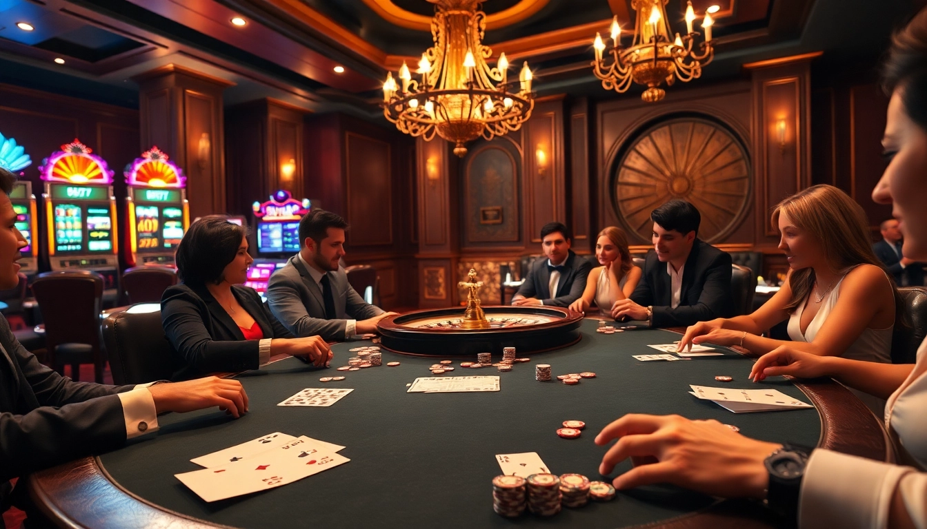 Excited players betting on poker at a luxurious casino table themed around 789p gaming.