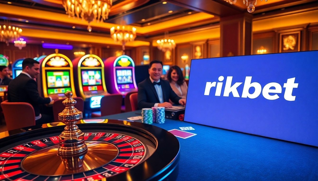 An engaging casino scene with players at a roulette table and 'rikbet' branding visible.