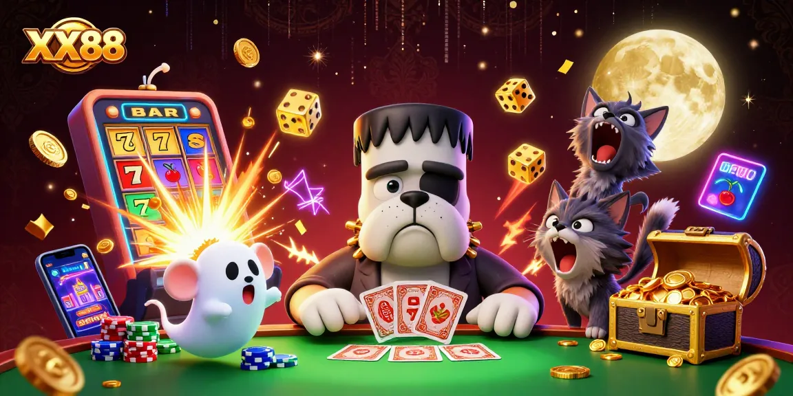 Play exciting casino games at XX88 with a Frankenstein bulldog dealer and a treasure chest of winnings.