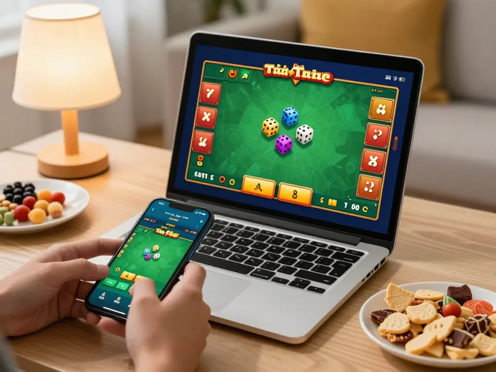 Tài Xỉu online gameplay displayed on a laptop with colorful dice, showcasing strategic betting.