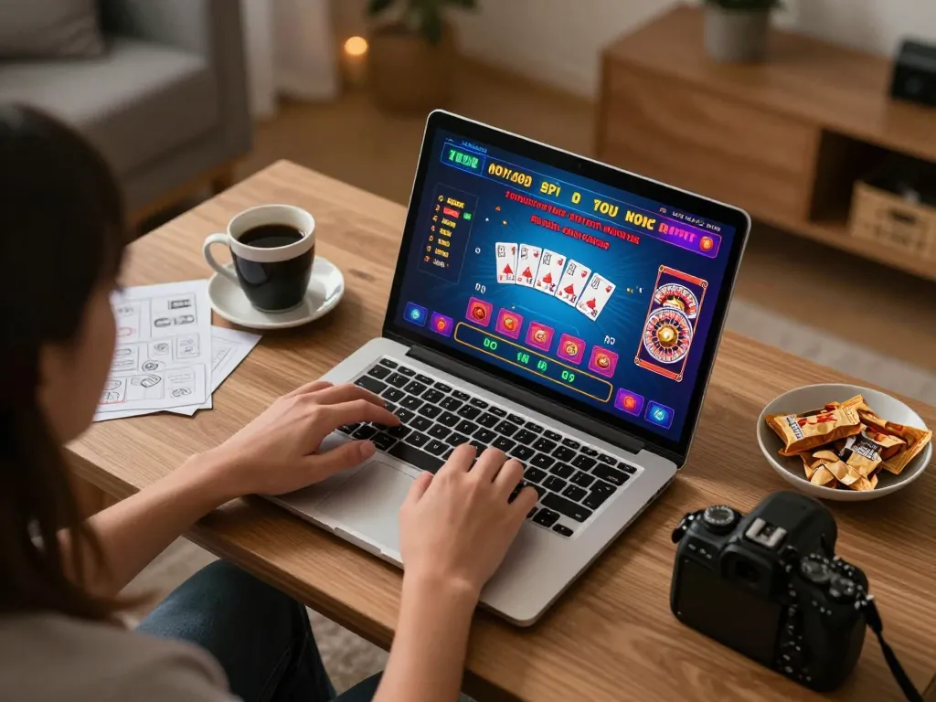 Person engaging with hb88 online casino games on a laptop, showcasing vibrant gaming interface and cozy home setting.