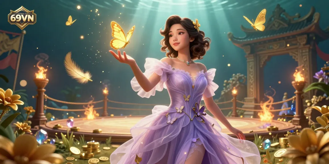 Experience the captivating world of 69VN, where golden butterflies and casino elements create an enchanting gaming environment.
